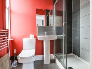 A bathroom with a toilet sink and shower at Mountain View in Penmaenmawr