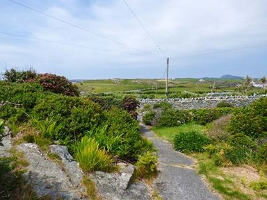 A pathway surrounded by bushes and greenery with stone walls and fields in the background at Ty'r Enfys Bach - Upper in Trearddur Bay