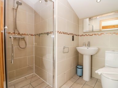 A bathroom with a shower, sink, toilet, and a small blue trash bin at Daisy Cottage in Aldingham