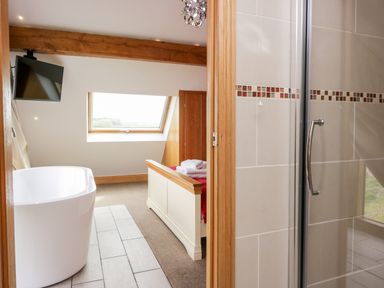 A bathroom with a freestanding bathtub a wall-mounted television a wooden beam a window and a tiled shower at Daisy Cottage in Aldingham