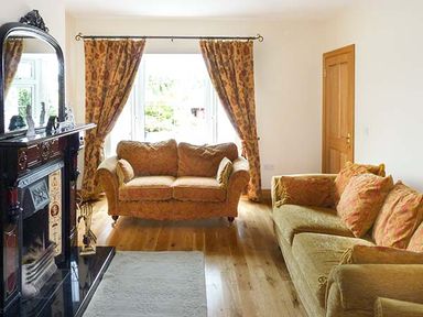 A living room with two sofas a fireplace and patterned curtains at Lovers Lodge in Kilkenny County Kilkenny