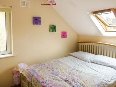 A bedroom with a bed under a slanted ceiling with a skylight window and wall decorations at Lovers Lodge in Kilkenny County Kilkenny