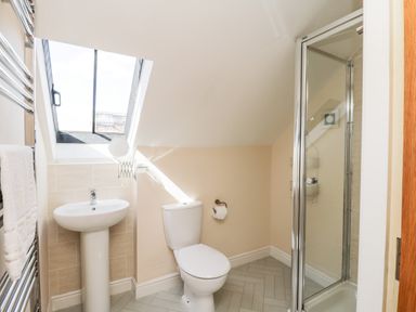 A bathroom with a toilet sink shower and skylight window at Razorbill Cottage in Whitby