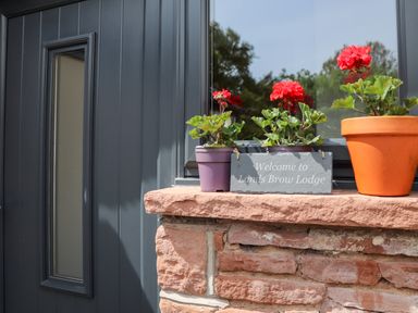 A window ledge with three flower pots and a welcome sign at Lands Brow Lodge in Wigton