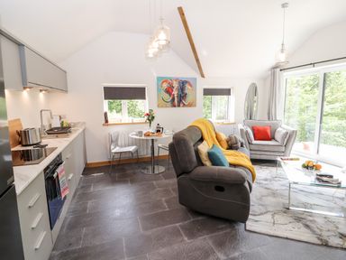 A kitchen and living area with a grey sofa, armchair, dining table, and sliding glass doors at Lands Brow Lodge in Wigton