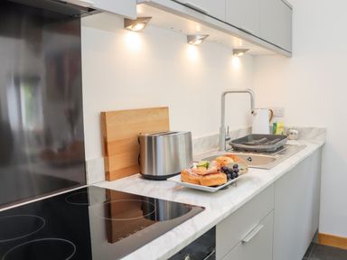 A kitchen countertop with a toaster a cutting board a plate of pastries and grapes a sink with a drying rack and cabinets above and below at Lands Brow Lodge in Wigton