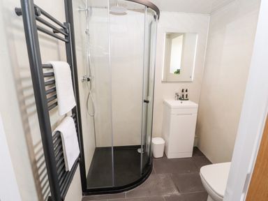 A bathroom with a corner shower enclosure a black towel radiator with white towels a white sink with a mirror above and a toilet at Lands Brow Lodge in Wigton