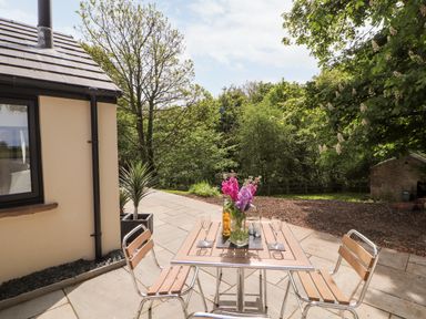 An outdoor patio with a table and four chairs surrounded by trees at Lands Brow Lodge in Wigton