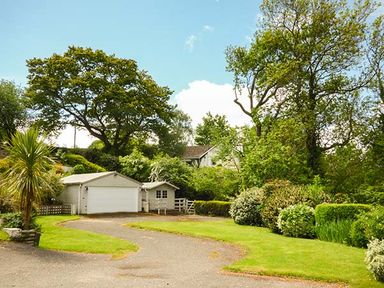 A driveway leading to a garage and small shed surrounded by trees and bushes at Treetops in Govilon near Abergavenny