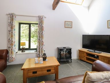 A living room with a wooden coffee table two mugs a window with patterned curtains a lamp an electric stove and a TV on a wooden stand at The Long Barn in Morton on the Hill near Lenwade