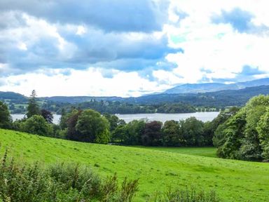 A green field with trees and a lake in the background at Thompson Cottage in Ambleside