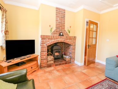 A room with a brick fireplace wood stove television on a wooden stand armchair and partially open wooden door at The Meadows Cottage in Billingford near Bawdeswell