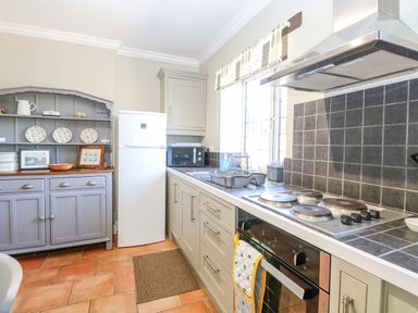 A kitchen with a refrigerator microwave oven and grey cabinets at The Meadows Cottage Billingford near Bawdeswell