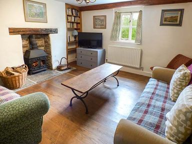 A living room with a fireplace a wooden coffee table two sofas a TV on a dresser and bookshelves at Gatehouse in Painscastle