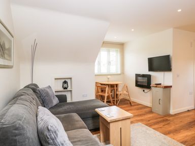 A living room with a gray sofa, wooden coffee table, small dining table with chairs, wall-mounted TV, and a modern fireplace at Shephard's Retreat in Charlton Mackrell near Somerton