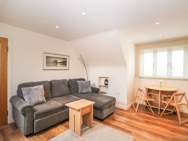 A sitting area with a gray sofa and two pillows a wooden coffee table a small wooden dining table with two chairs and a window with blinds at Shephard's Retreat in Charlton Mackrell near Somerton