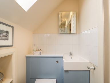 A small bathroom with a white sink and blue cabinet under a skylight at Shephard's Retreat in Charlton Mackrell near Somerton