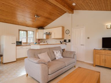 A sofa with cushions in a living room next to a kitchen with white cabinets and a wooden ceiling at High Tide in Rock