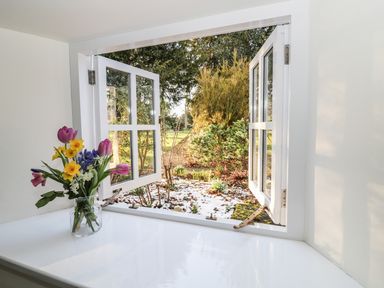 A window open to a garden with some snow and plants and a vase of flowers on the windowsill at Bears Cottage in Bretforton near Broadway