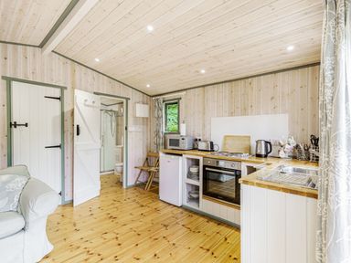 A kitchen with wooden floors and walls a small fridge oven microwave and sink with a door leading to a bathroom at Lakeside Cabin in Sheldon Blackdown Hills