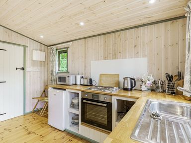 A kitchen with wooden countertops and cabinets a microwave toaster kettle and sink at Lakeside Cabin in Sheldon Blackdown Hills