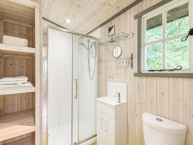 A bathroom with a shower cabin a small sink a toilet and wooden shelves with towels at Lakeside Cabin in Sheldon Blackdown Hills