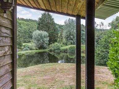 A view of a pond surrounded by trees and grass from a wooden porch at Lakeside Cabin in Sheldon Blackdown Hills