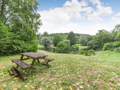 A wooden picnic table on grassy land near a pond surrounded by trees at Lakeside Cabin in Sheldon Blackdown Hills