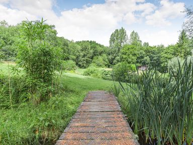 Wooden footbridge over water with grass and plants on either side and trees in the background at Lakeside Cabin in Sheldon Blackdown Hills