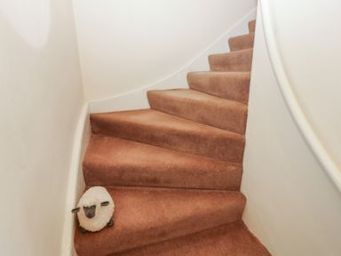 A carpeted staircase with a sheep-shaped decoration on a step at West Wing Cottage in Hexham