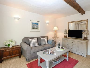A living room with a gray sofa two checkered pillows a wooden chest and a coffee table at Bridge Cottage in Aylsham