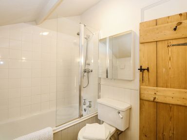 A bathroom with a bathtub shower combination a toilet a mirror cabinet and a wooden door at Bridge Cottage in Aylsham