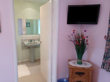 A bathroom with a sink and mirror seen through an open door next to a wooden bedside table with a vase of flowers and a wall-mounted television at Magpie Cottage South Brewham