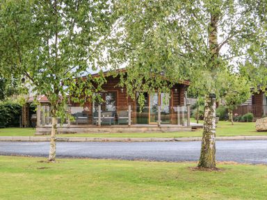 A wooden cabin with glass railing on a porch behind two trees on a lawn at Heathcliff in Northallerton