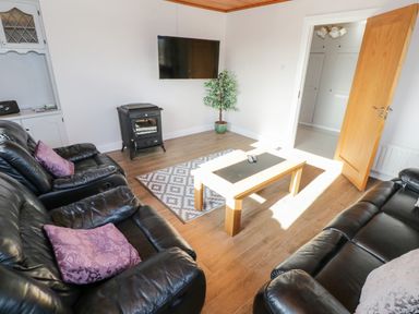 A living room with black leather sofas and purple pillows a wooden coffee table a patterned rug a wall-mounted tv a stove and a potted plant at Aras Iosgan in Carraroe County Galway