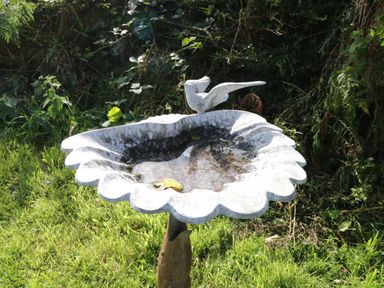 A birdbath with a bird sculpture on top in a garden with grass and plants at Belladrihid Cottage in Ballysadare near Sligo County Sligo