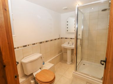 A bathroom with a toilet a pedestal sink a shower cubicle and a wooden door at Cowslip Barn in Cornworthy near Dittisham