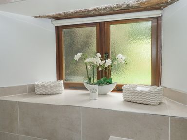A bathroom window with frosted glass a flower pot and two woven baskets at Cowslip Barn in Cornworthy near Dittisham