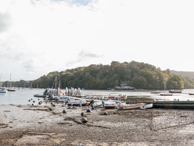 A harbor with boats and sailboats on the water near a wooded hillside at Cowslip Barn in Cornworthy near Dittisham