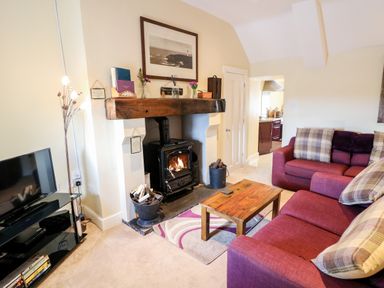 A living room with a fireplace a wooden coffee table a red sofa and a television at Whispering Willows - The Thatch in Carndonagh County Donegal
