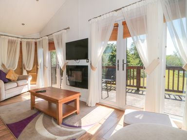 A living room with a wooden coffee table a wall-mounted tv and glass doors opening to a balcony at Harvester Lodge in Hewish near Weston-super-Mare