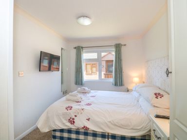 A bedroom with a double bed a wall-mounted TV and a window with curtains at Harvester Lodge in Hewish near Weston-super-Mare
