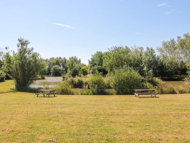A grassy area with two wooden picnic benches near a pond surrounded by trees at Harvester Lodge in Hewish near Weston-super-Mare