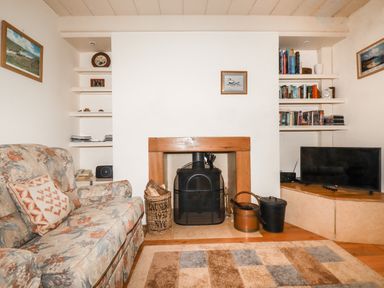 A living room with a floral sofa beside a fireplace and built-in shelves with books and a television at The Ark Cottage in St Blazey