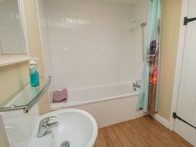 A bathroom with a bathtub shower curtain sink and hand soap at Ericas eaven in Farndale near Kirkbymoorside