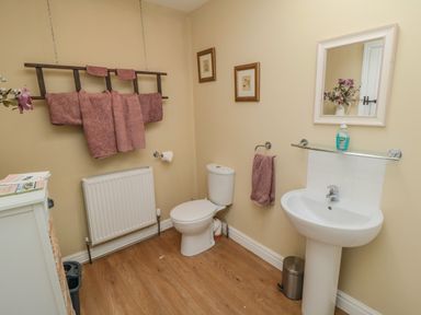 A bathroom with a toilet sink mirror towel rack and radiator at Ericas eaven in Farndale near Kirkbymoorside