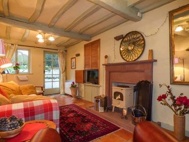 A living room with a fireplace a wood stove a yellow sofa a red patterned rug and a glass door at High House Newton in Cartmel near Cartmel