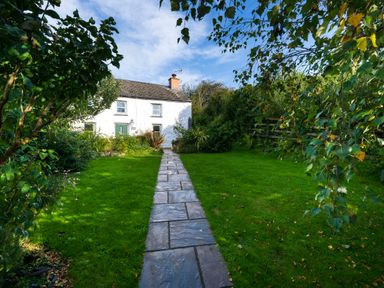 A stone pathway leading to a white cottage with green doors and chimney surrounded by grass and trees at Fern Cottage in Aberporth