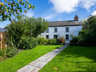 A stone path leading to a white cottage with a garden and green bushes at Fern Cottage in Aberporth