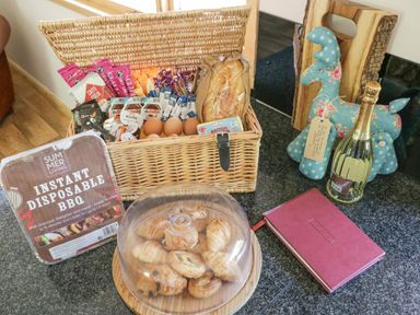A countertop with a picnic basket containing eggs and condiments a disposable BBQ a covered plate of pastries a bottle of champagne a red notebook and a blue fabric deer at Pond Farm Woodlands Ugthorpe